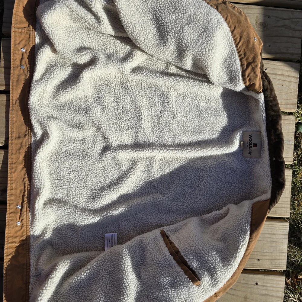 Woolrich Jacket Mens Size XL Trucker Brown Canvas Sherpa lined Corduroy Collar - Picture 6 of 11